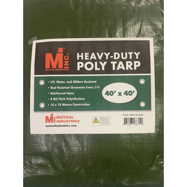 Heavy Duty Tarp, 40 ft x 40 ft, 8 mil, Green, UV Resistant, Mildew Resistant